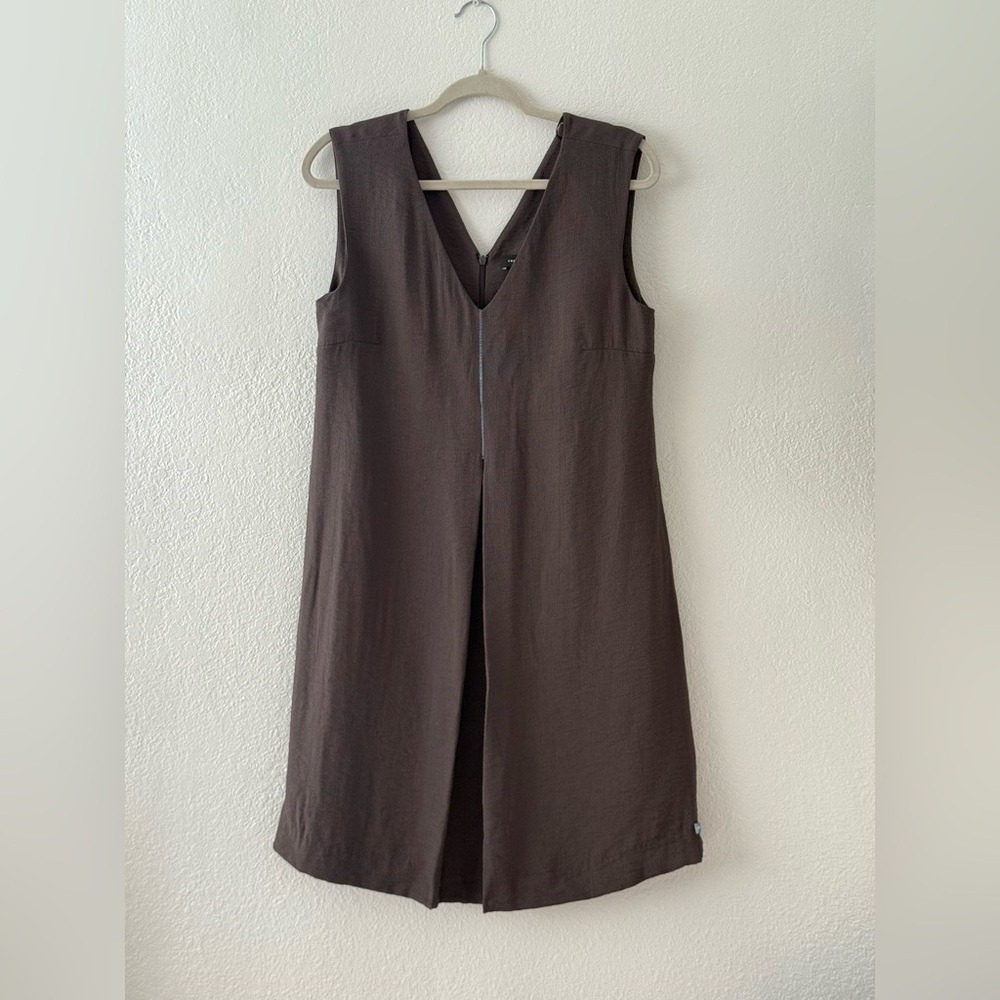 cop copine womens sleeveless v-neck midi dress brown zip front pleated detail